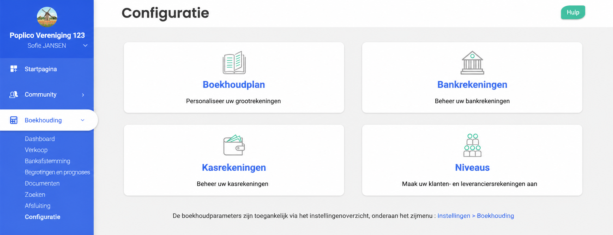 Pagina Configuratie van de boekhouding in AssoConnect, met vier secties: Rekeningstelsel, Banken, Kassa's en Derden.