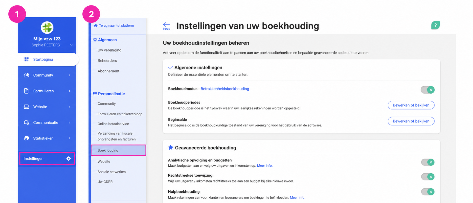 Scherm « Paramètres de votre comptabilité » in AssoConnect, met het menu Paramétrage (1) en het tabblad Comptabilité (2) gemarkeerd.