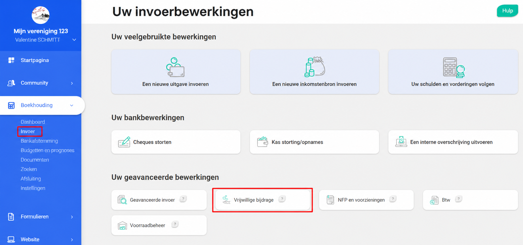 Pagina « Uw invoerverrichtingen » in AssoConnect, met het tabblad Invoer en de knop Vrijwillige bijdrage in de kijker.