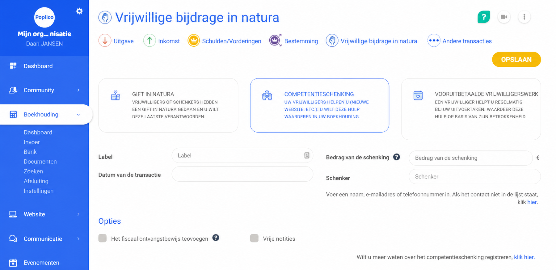 Invoerformulier van een vrijwillige bijdrage in natura in AssoConnect, met het tabblad « Mécénat de compétence » geselecteerd en de velden Omschrijving, Datum, Bedrag van de gift en Schenker.
