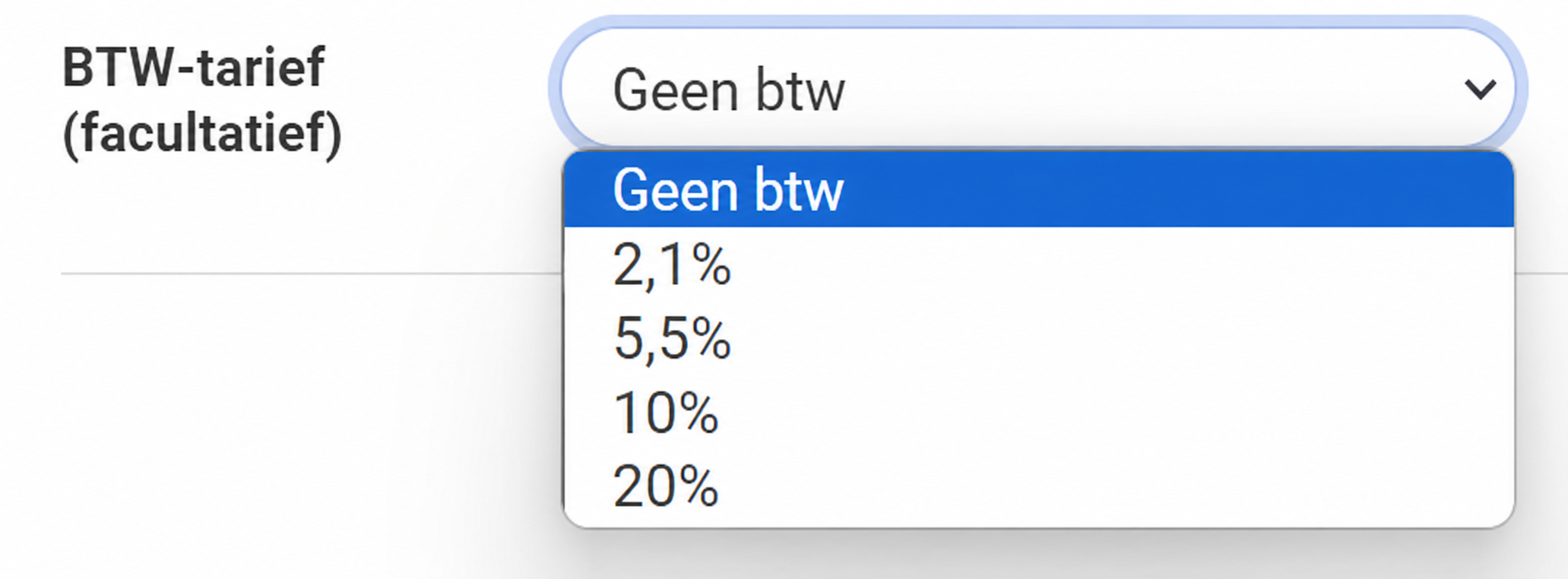 Vervolgkeuzemenu « Btw-tarief (optioneel) » met de opties: Geen btw, 2,1%, 5,5%, 10%, 20%