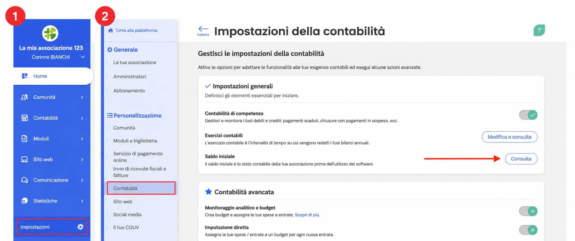 Impostazioni di contabilità AssoConnect con la sezione «Bilancio di apertura» evidenziata da una freccia rossa che punta al pulsante «Consultare»