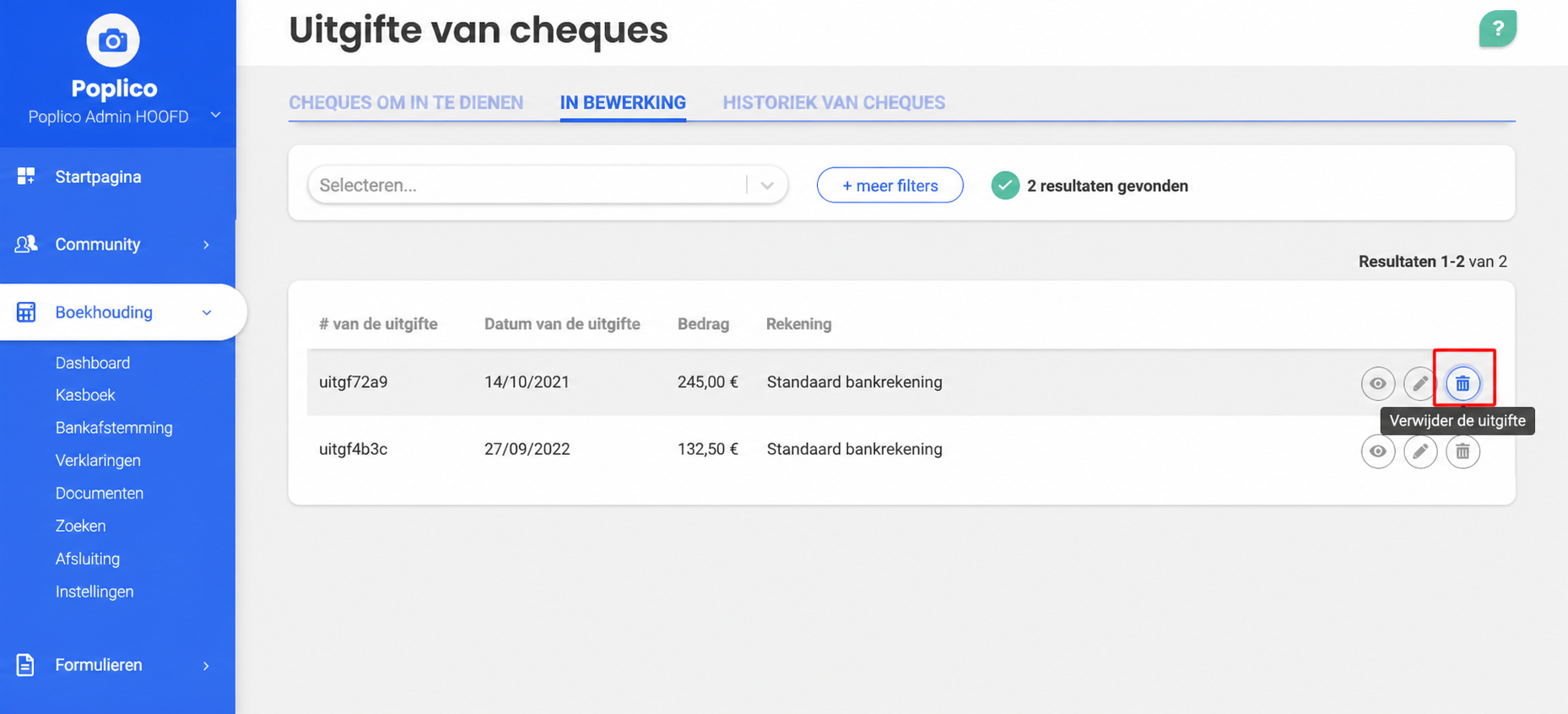 Pagina « Chequeremise », tabblad Remisestroken, met de knop De remise verwijderen gemarkeerd voor remise edecbc37.