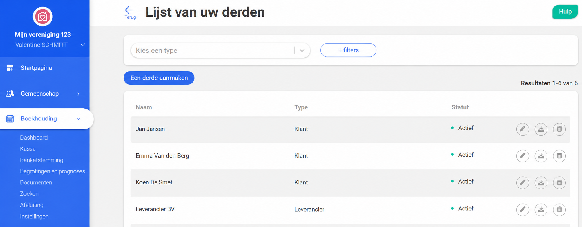 Pagina « Liste de vos tiers » in AssoConnect met de knop « Créer un tiers » aangeduid, en een tabel met actieve klanten en leveranciers.