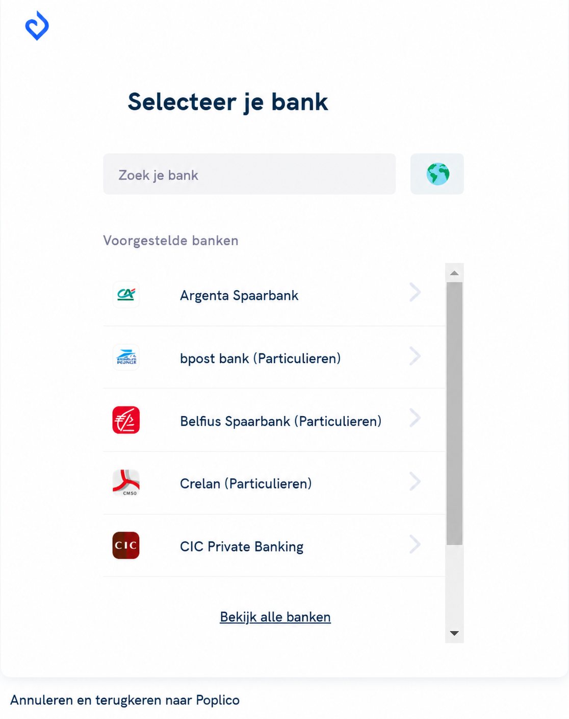 Scherm om een bank te selecteren met een zoekbalk en een lijst van voorgestelde banken, waaronder Crédit Agricole, La Banque Postale en CIC Banque Privée.