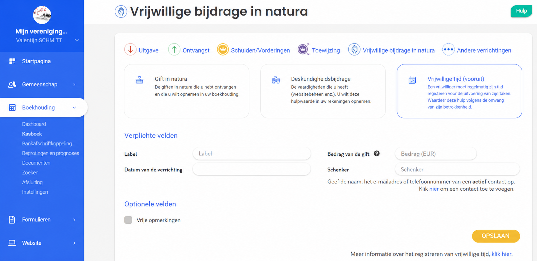 Invoerformulier « Vrijwillige bijdrage in natura » met de optie « Vrijwilligerstijd (gevorderd) » aangeduid met een rood kader.