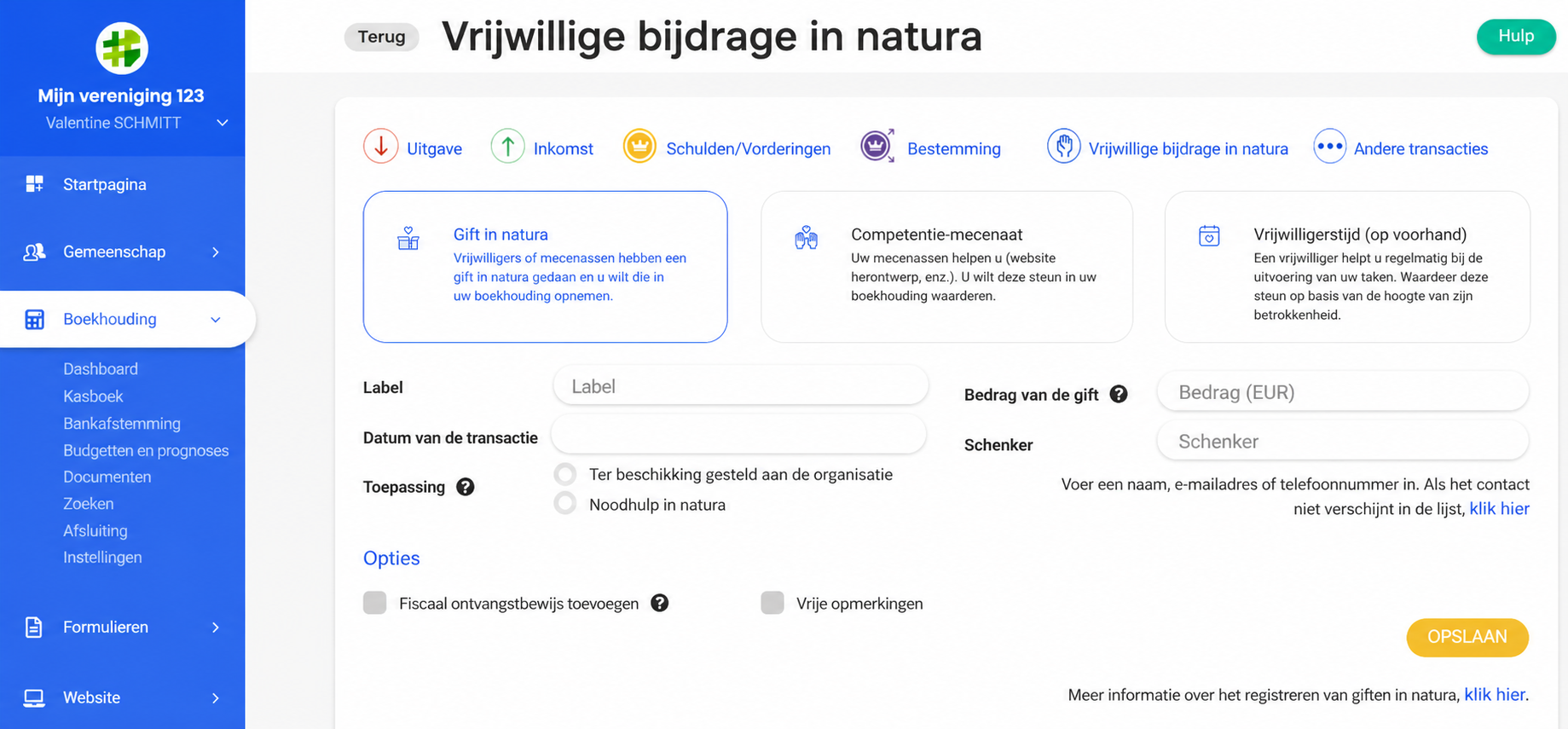 Invoerformulier voor een gift in natura in AssoConnect, met de velden Omschrijving, Datum, Gebruik, Bedrag en Schenker