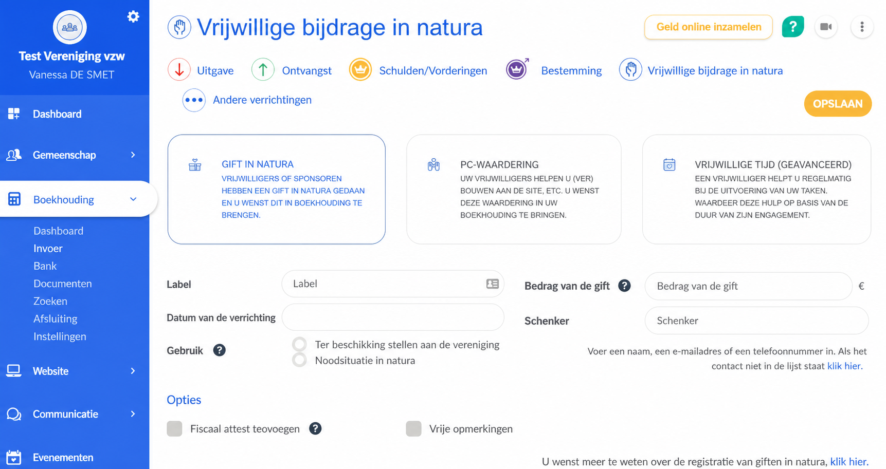 Invoerformulier voor een vrijwillige bijdrage in natura in AssoConnect, met de opties Gift in natura, Mecenaat van competenties en Vrijwilligerstijd