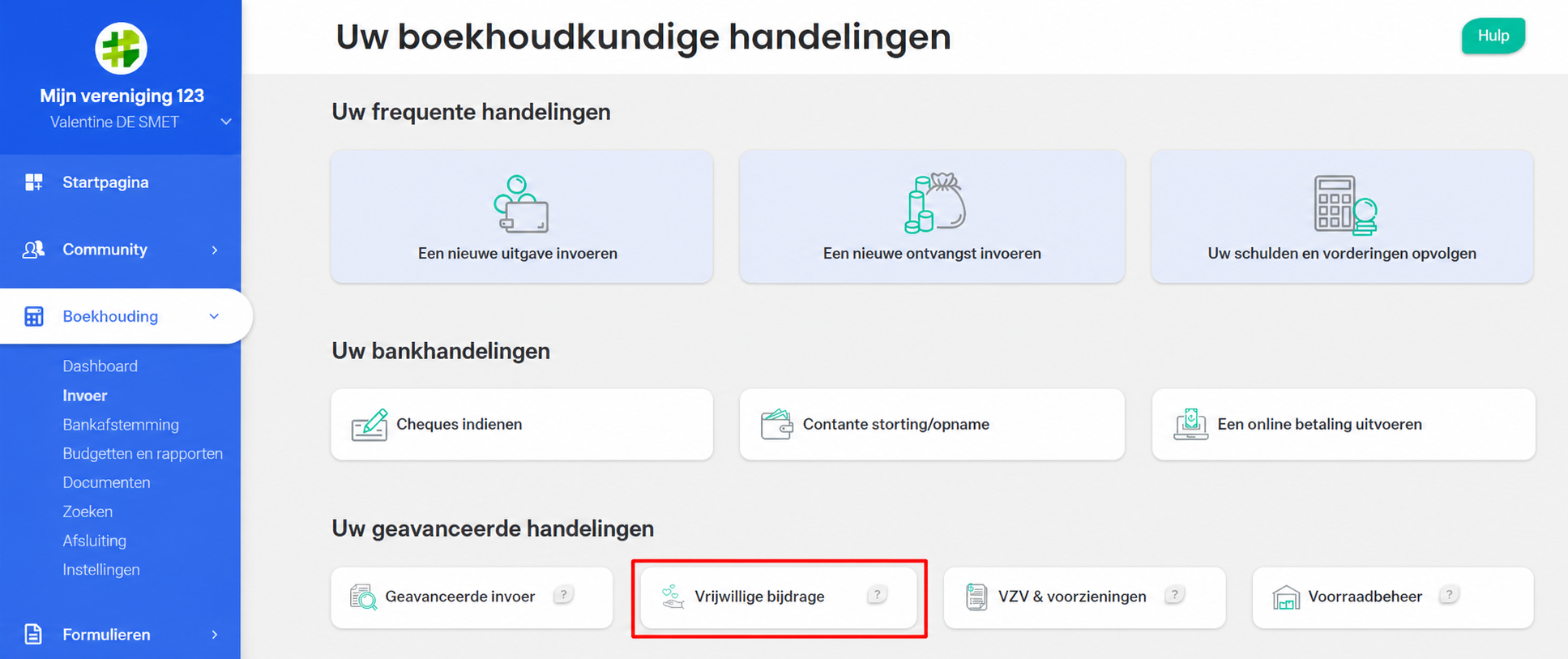 Pagina « Uw invoerverrichtingen » in AssoConnect, met de knop « Vrijwillige bijdrage » gemarkeerd in de sectie « Geavanceerde verrichtingen »