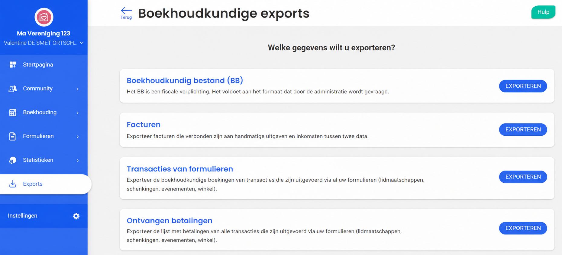 Pagina « Boekhoudkundige exports » van AssoConnect met het menu Exports geselecteerd en de knop Exporteren van het FEC gemarkeerd