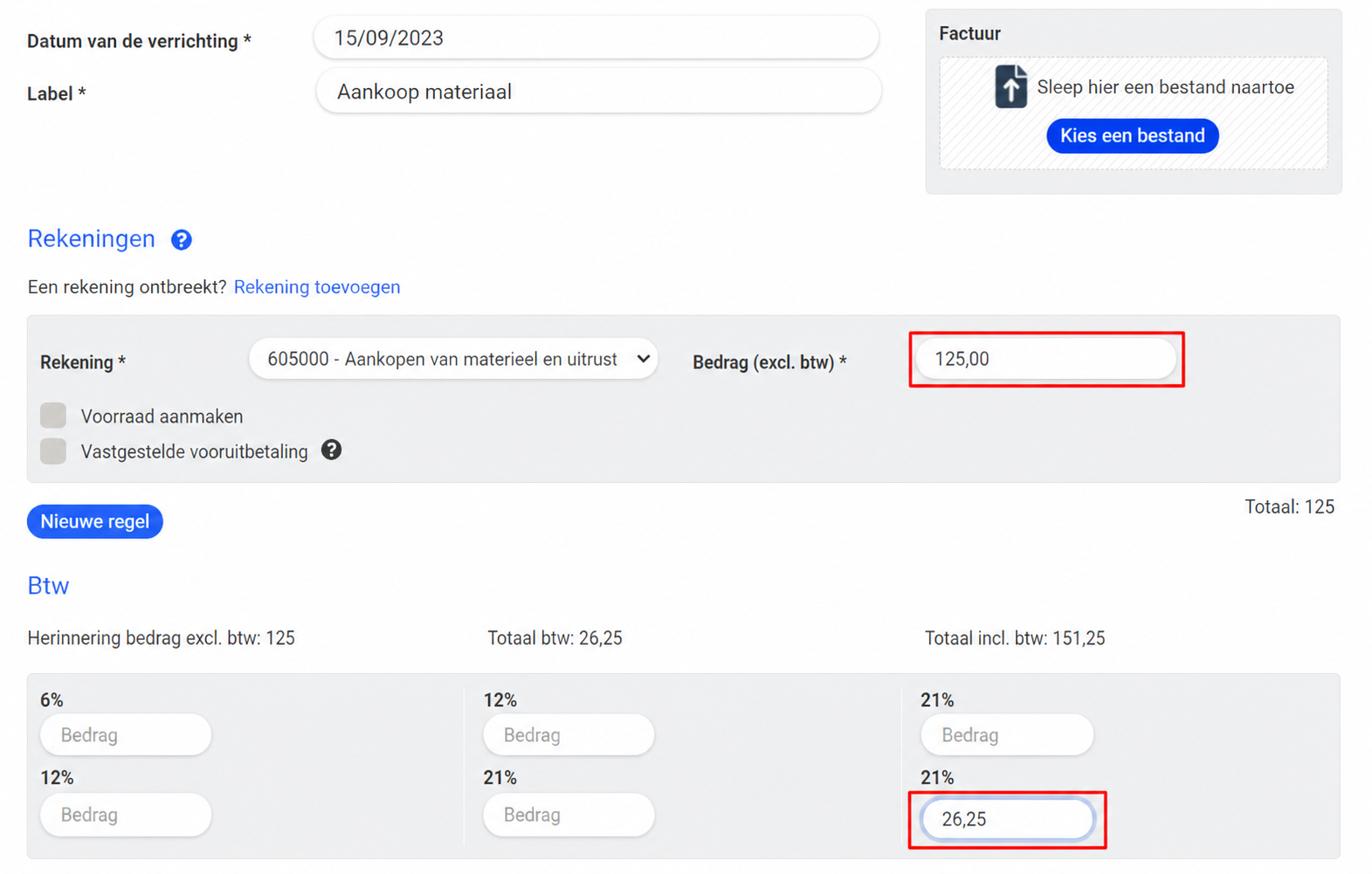 Boekhoudkundig invoerformulier van AssoConnect met rekening 605000, een bedrag excl. btw van € 100 en btw van 20% ten bedrage van € 20, voor een totaal incl. btw van € 120