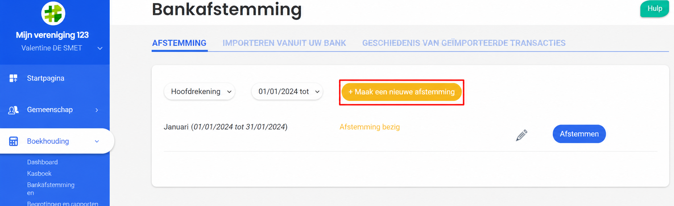 Pagina Bankaansluiting in AssoConnect, met de gele knop « + Een nieuw uittreksel aanmaken » gemarkeerd en een lopend uittreksel van januari 2023.