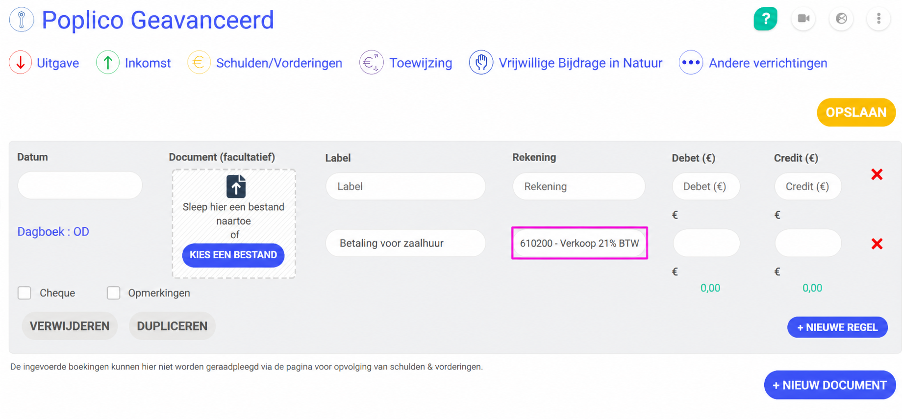 Scherm voor geavanceerde invoer in de boekhouding, met de rekening « 445730 - btw 20% » in de kijker gezet in een roze kader op de tweede boekingslijn.