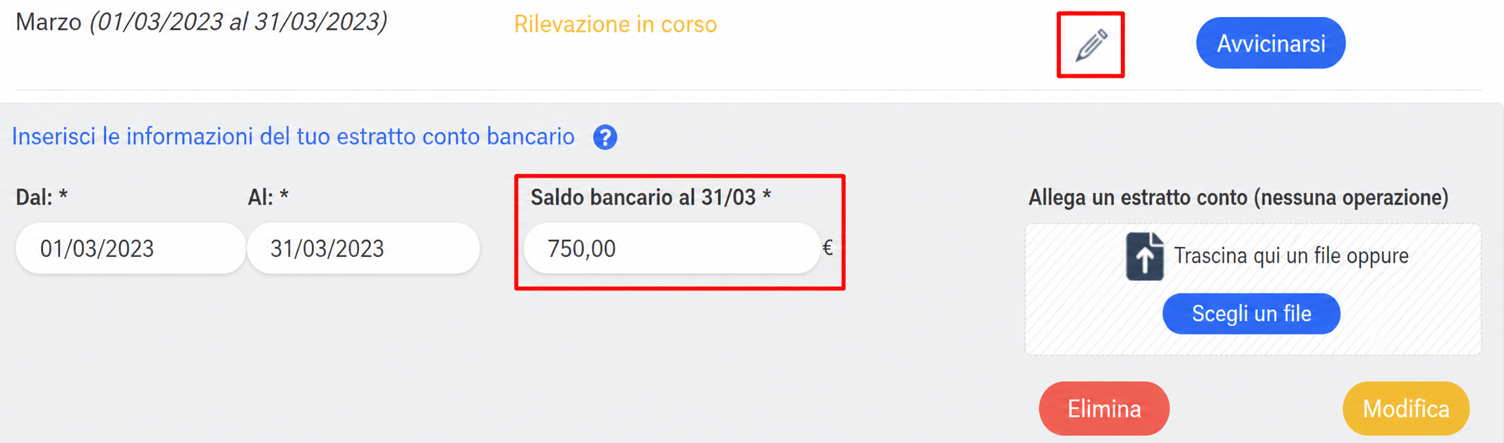 Modulo dell'estratto conto bancario di marzo 2023 con il campo « Saldo bancario al 31/03 » evidenziato, che mostra 500,00 €