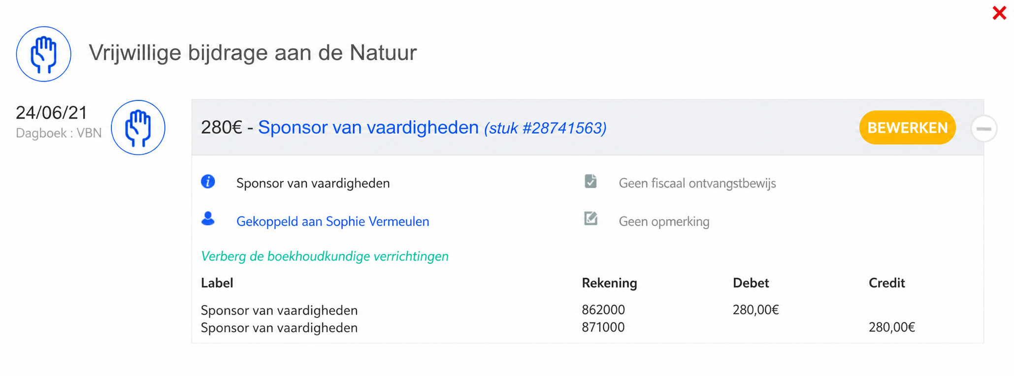 Fiche van een boeking van een Vrijwillige Bijdrage in Natura (CVN) van 300 € voor een mecenaat van competenties, met de boekingen op de rekeningen 862000 en 871000.