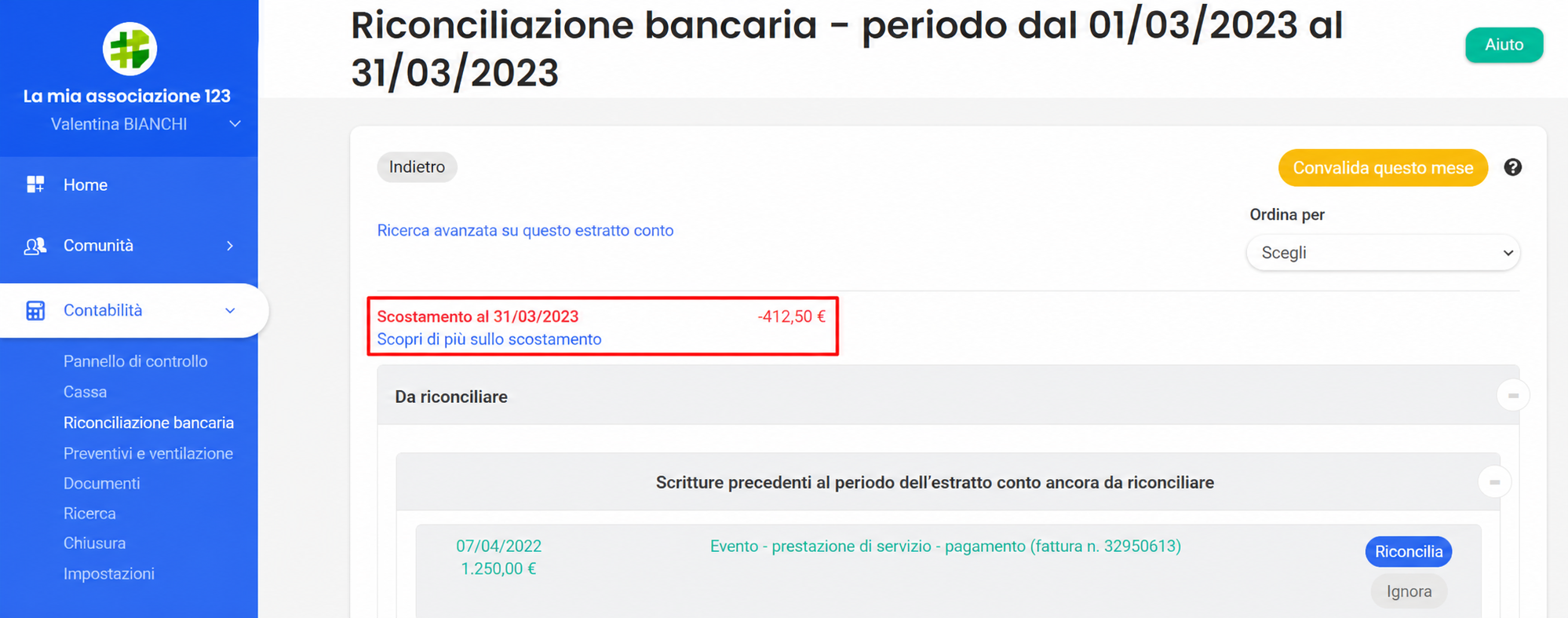 Pagina di riconciliazione bancaria marzo 2023 in AssoConnect, con una differenza di -423,00 € al 31/03/2023 evidenziata in un riquadro rosso