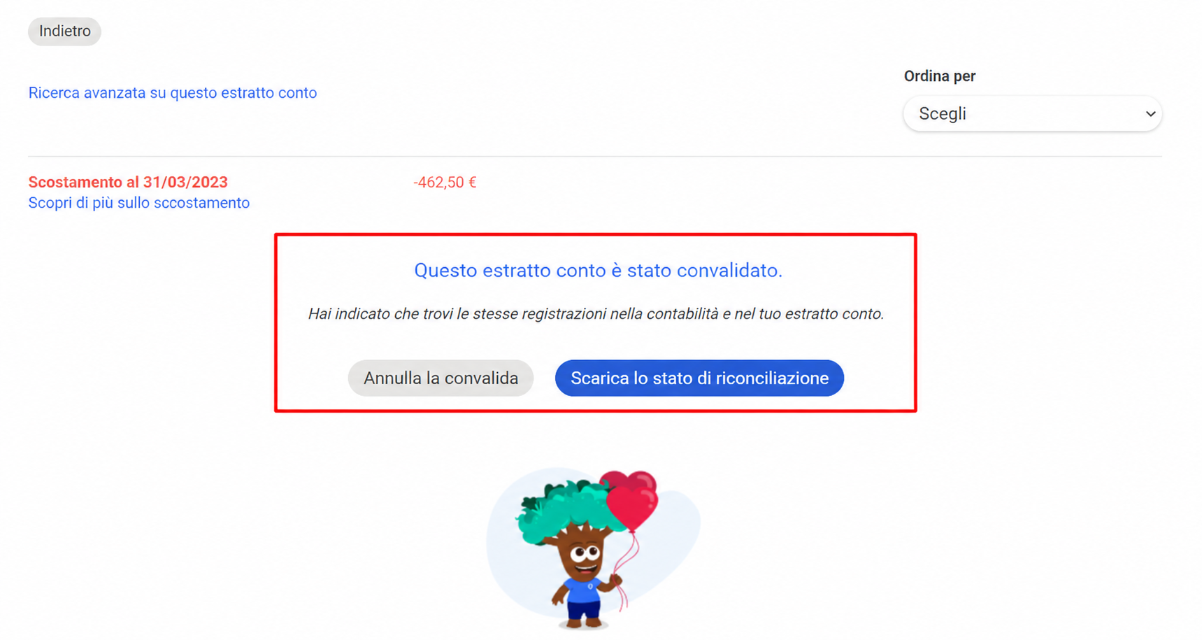 Schermata di riconciliazione bancaria convalidata su AssoConnect, che mostra una differenza di -423 € al 31/03/2023 e i pulsanti « Annulla la convalida » e « Scarica il prospetto di riconciliazione »
