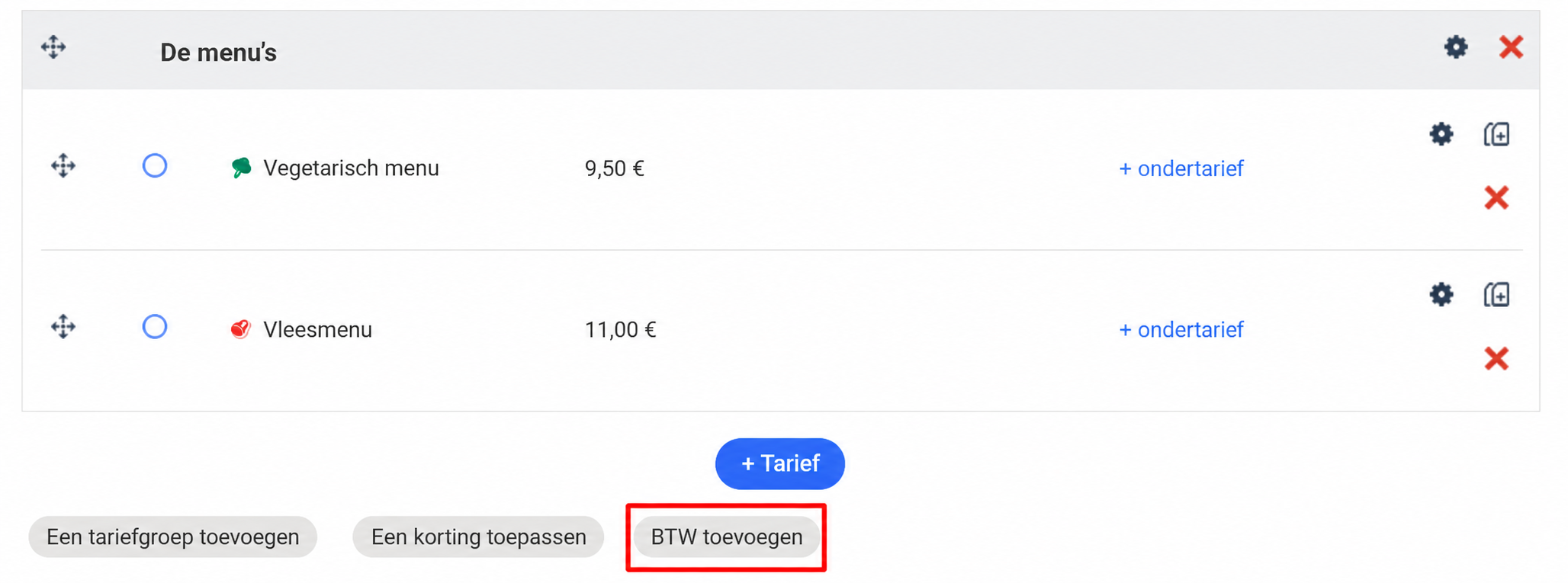 Sectie "De menu's" met twee tarieven (Vegetarisch menu aan € 9 en Vleesmenu aan € 10) en de knop "Btw toevoegen" in de kijker gezet