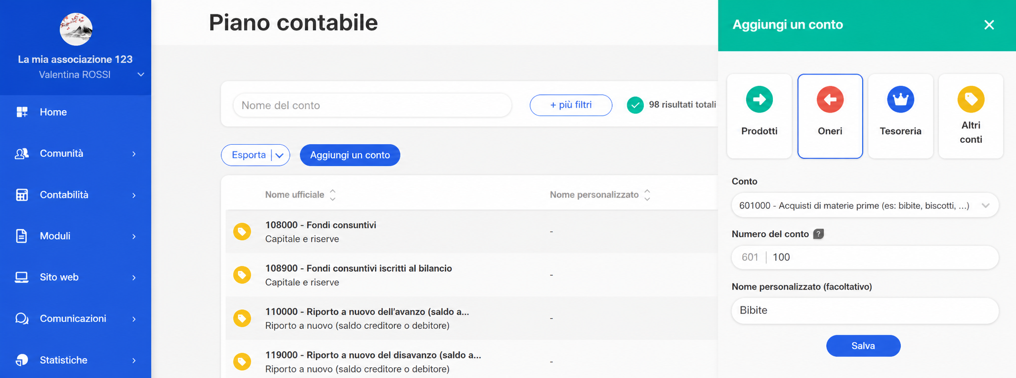 Piano dei conti AssoConnect con il pannello « Aggiungi un conto » aperto, scheda Costi selezionata, conto 601000 e nome personalizzato « Bevande » inseriti