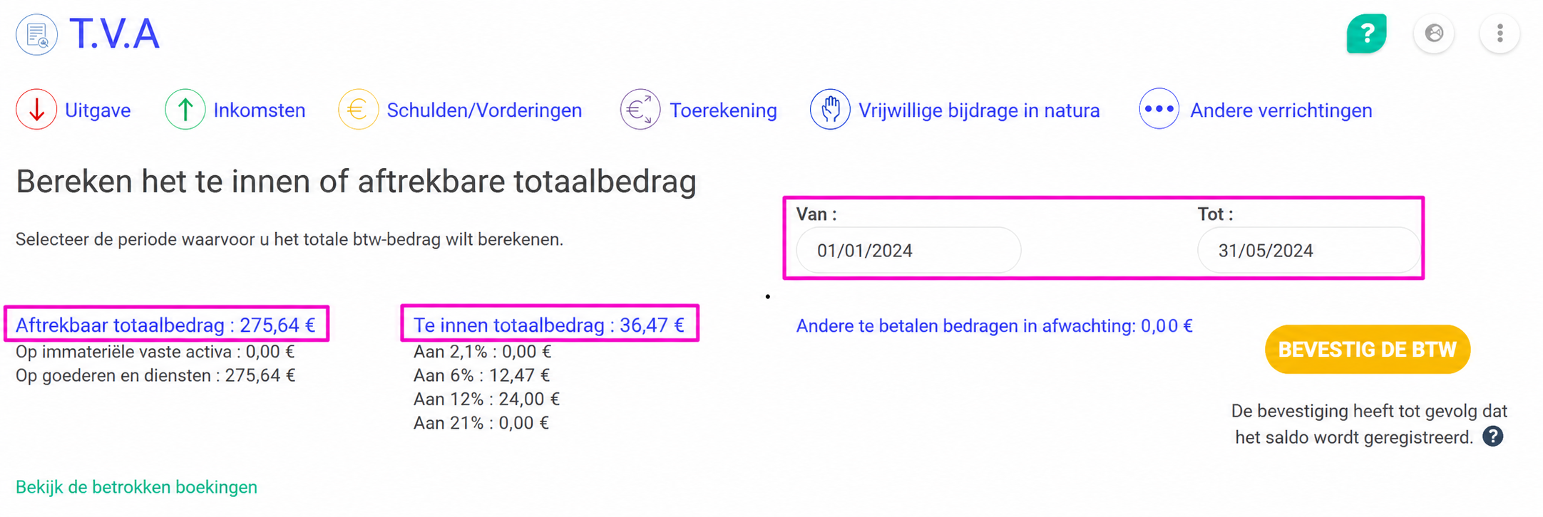 Pagina voor btw-berekening in AssoConnect, met een totaal aftrekbaar bedrag van € 18 en een totaal geïnd bedrag van € 0,99 voor de periode van 01/01/2019 tot 31/05/2019.