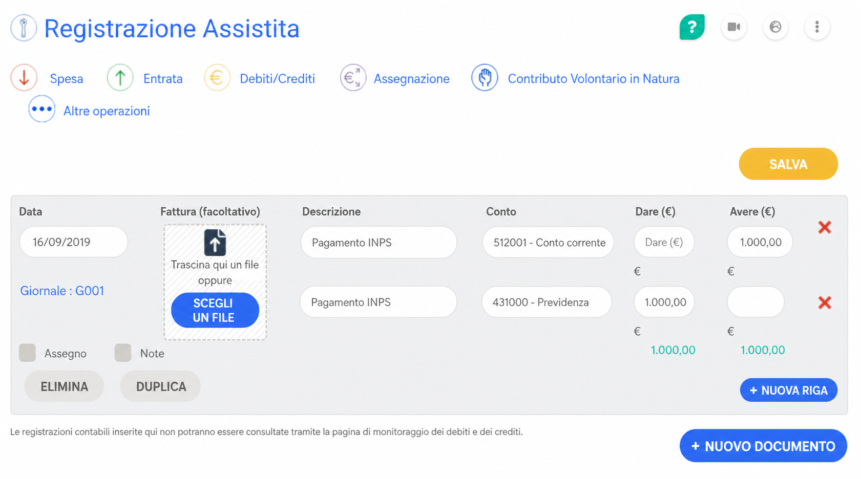 Schermata di registrazione avanzata AssoConnect con un giornale BQ01, due righe contabili « Paiement Sécurité Sociale » in equilibrio a 1000 € in dare e avere.