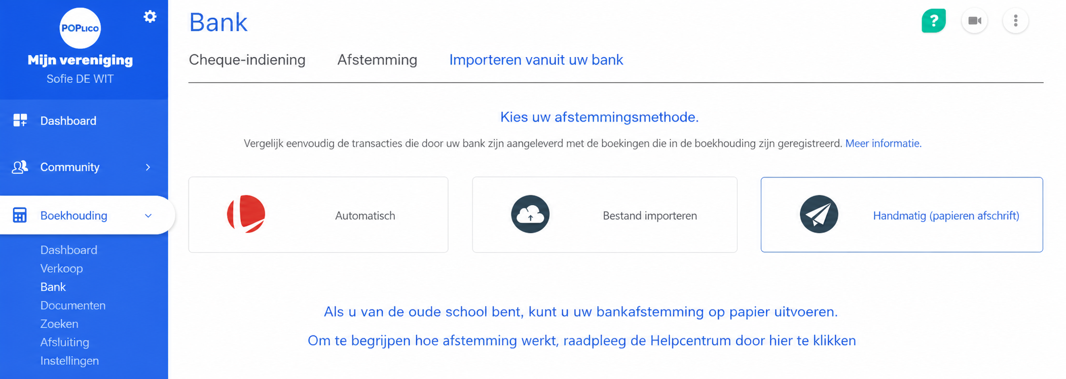 Pagina Bank van AssoConnect, tabblad « Import vanuit je bank », met de drie afpuntmethodes: Automatisch, Bestand importeren en Handmatig (papieren rekeningafschrift).