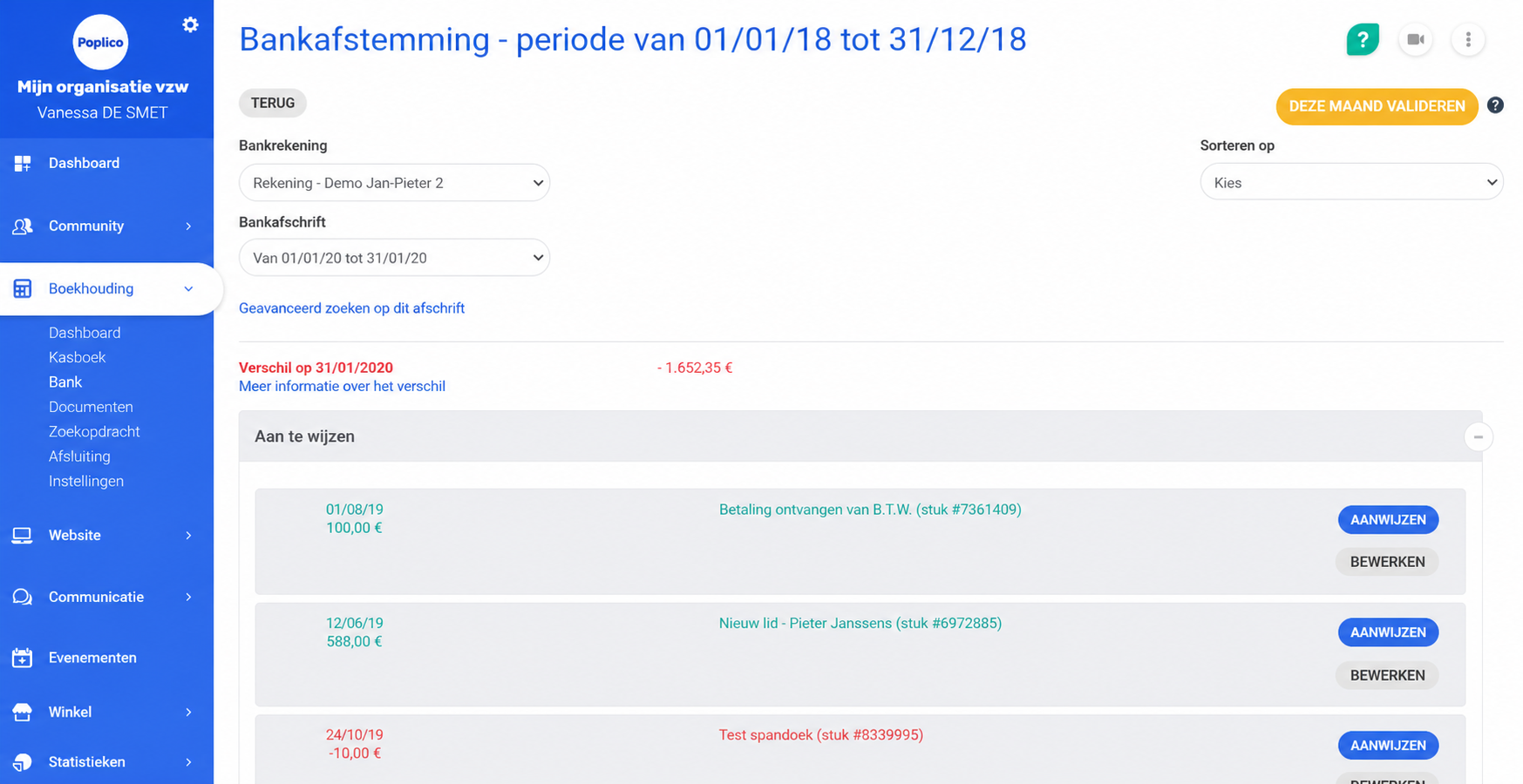 Scherm voor bankafpunting in AssoConnect voor de periode van 01/01/18 tot 31/12/18, met de aan te vinken transacties en hun datums en bedragen.