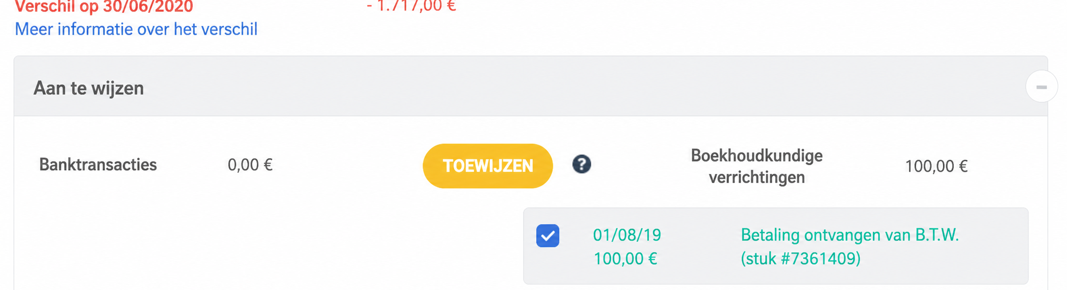 Interface voor bankafpunting in AssoConnect met een verschil van -1 717 € op 30/06/2020 en een aan te vinken boeking van 100 €