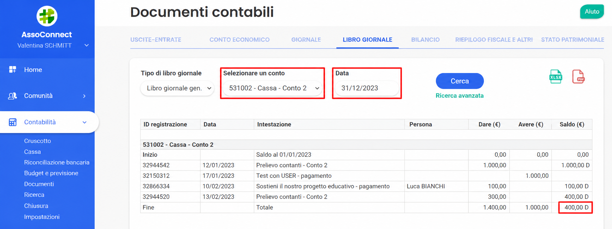 Libro mastro contabile per il conto 531002 - Cassa - Conto 2, che mostra 4 scritture nel 2023 con un saldo finale di 400 D evidenziato