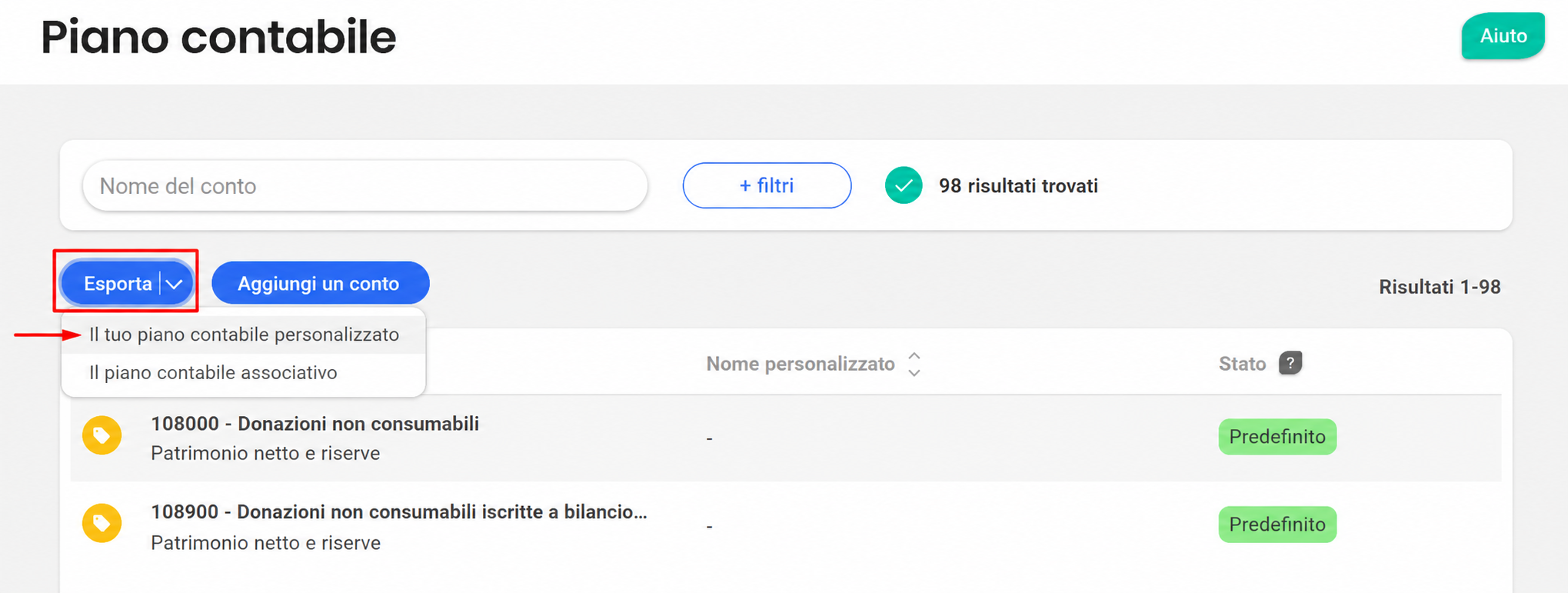 Piano dei conti in AssoConnect: menu a tendina del pulsante « Esporta » con l'opzione « Il tuo piano dei conti personalizzato » evidenziata.