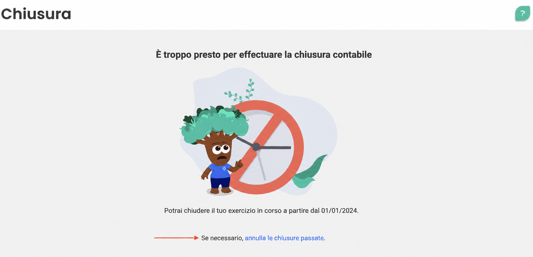 Pagina di chiusura AssoConnect che indica che è troppo presto per chiudere, con la data disponibile al 01/01/2024 e un link per annullare le chiusure passate