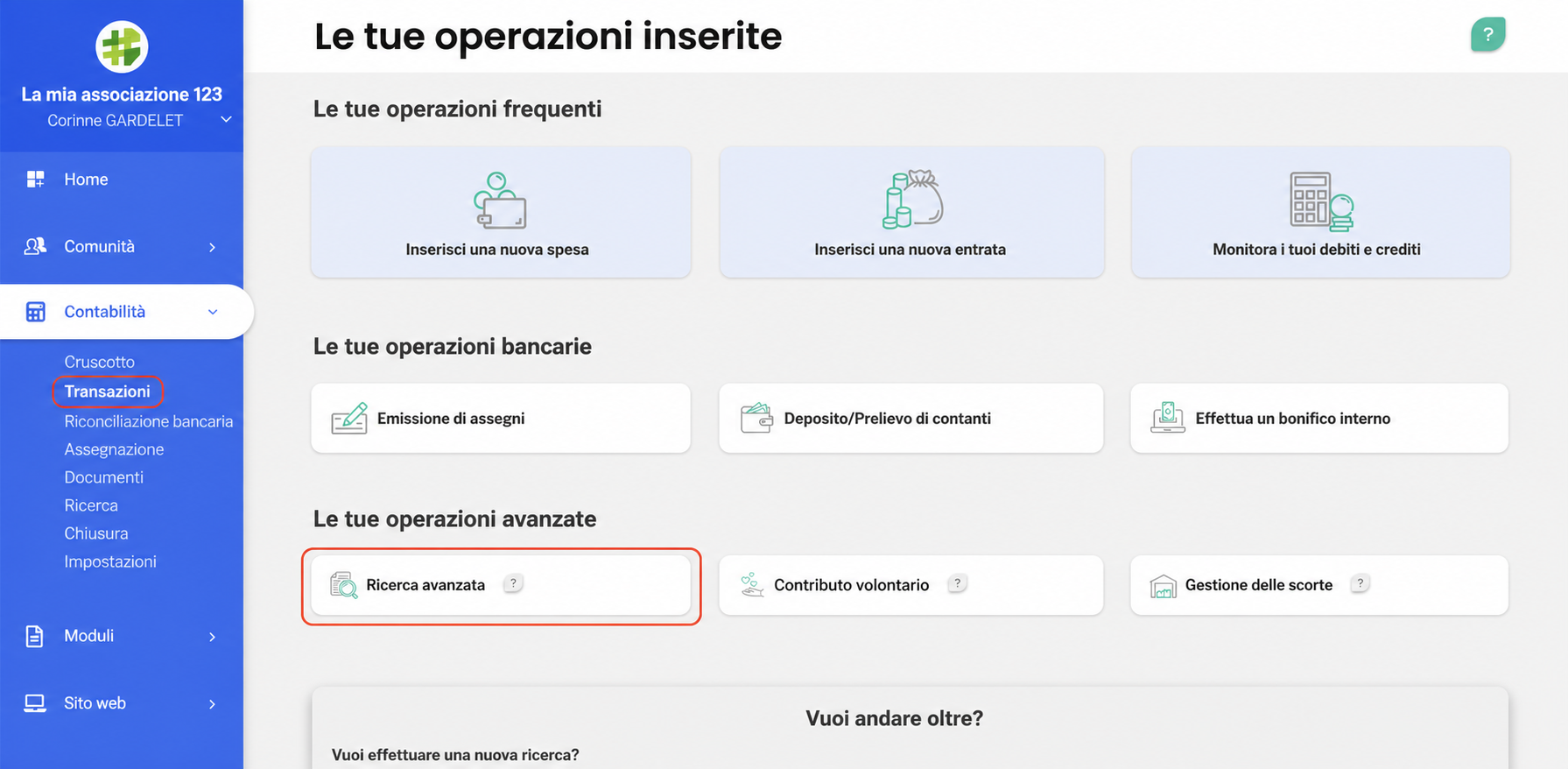 Pagina « Vos opérations de saisie » in AssoConnect, con la sezione « Opérations avancées » che evidenzia il pulsante « Saisie avancée » incorniciato in rosso.
