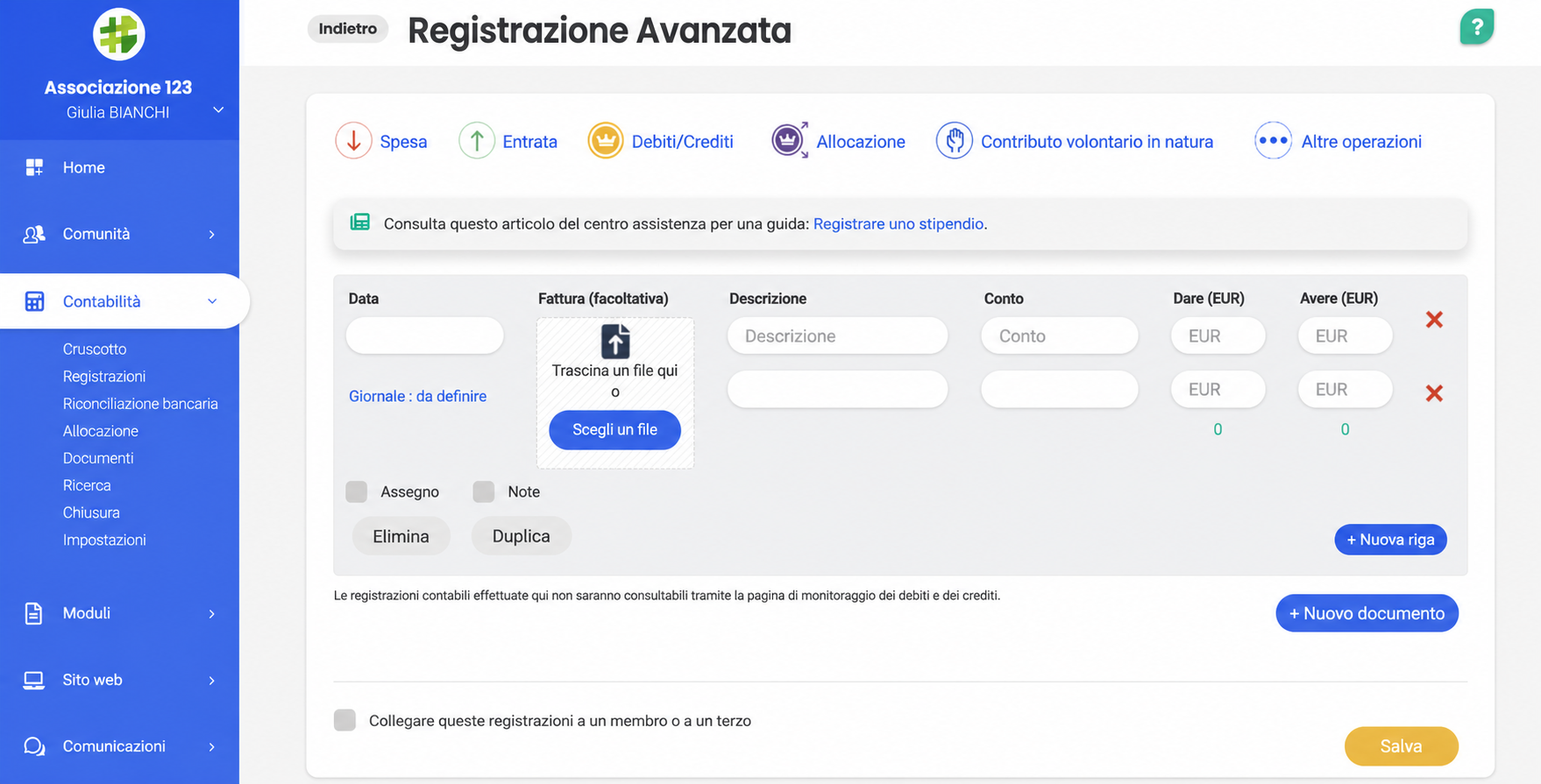 Schermata di registrazione avanzata in AssoConnect, con i campi Data, Descrizione, Conto, Dare e Avere, e le schede Spesa, Entrata, Debiti/Crediti, ecc.