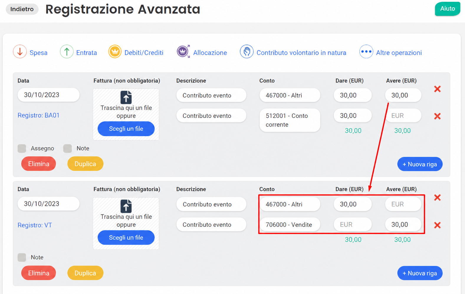 Registrazione avanzata in AssoConnect che mostra due scritture contabili del 30/10/2023 per « Participation événement » (30 €), con i conti 467000 e 706000 evidenziati nel giornale VT.