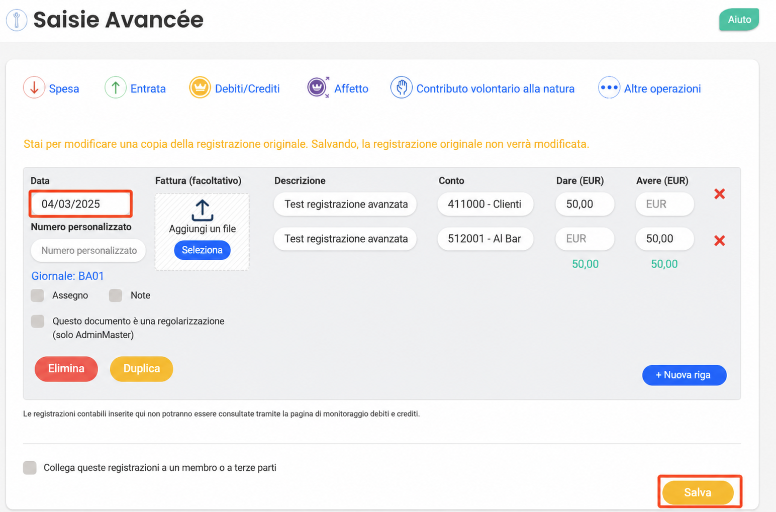 Modulo di registrazione avanzata con due righe contabili (411000 - Clienti e 512001) in dare/avere di 50 €, e il pulsante « Enregistrer » evidenziato.
