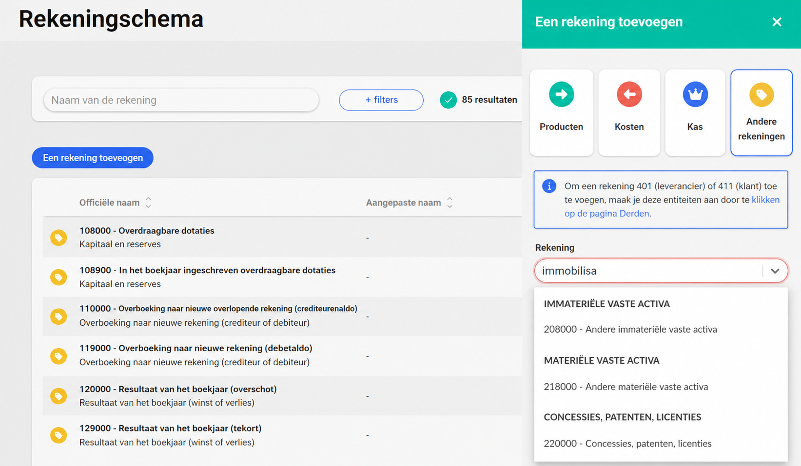 Rekeningstelsel AssoConnect: paneel « Een rekening toevoegen » geopend op het tabblad « Andere rekeningen », met een zoekopdracht « immobilisa » die gegroepeerde resultaten toont.