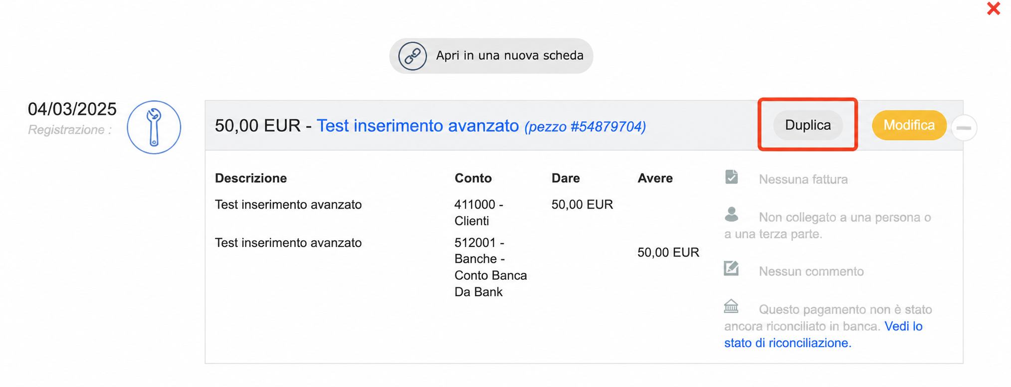 Dettaglio di una scrittura contabile di 50,00 EUR con il pulsante « Dupliquer » evidenziato da un riquadro rosso