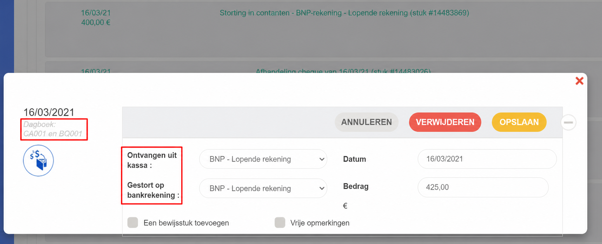Detailvenster van een contantenstorting van 16/03/2021: 400 € uit de kas genomen en gestort op de rekening BNP – Zichtrekening, met de knoppen Annuleren, Verwijderen en Opslaan.