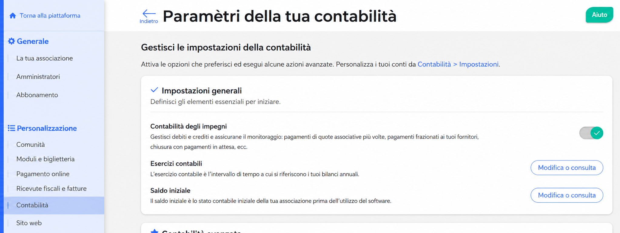 Impostazioni di contabilità in AssoConnect, con la sezione «Esercizi contabili» evidenziata da una freccia verso il pulsante «Modifica o consulta»