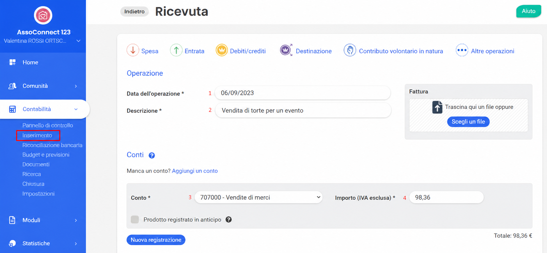 Formulaire de saisie d'une recette dans AssoConnect, avec la date 06/09/2023, le libellé « Vente de gâteaux événement », le compte 707000 et un montant de 120,00 €