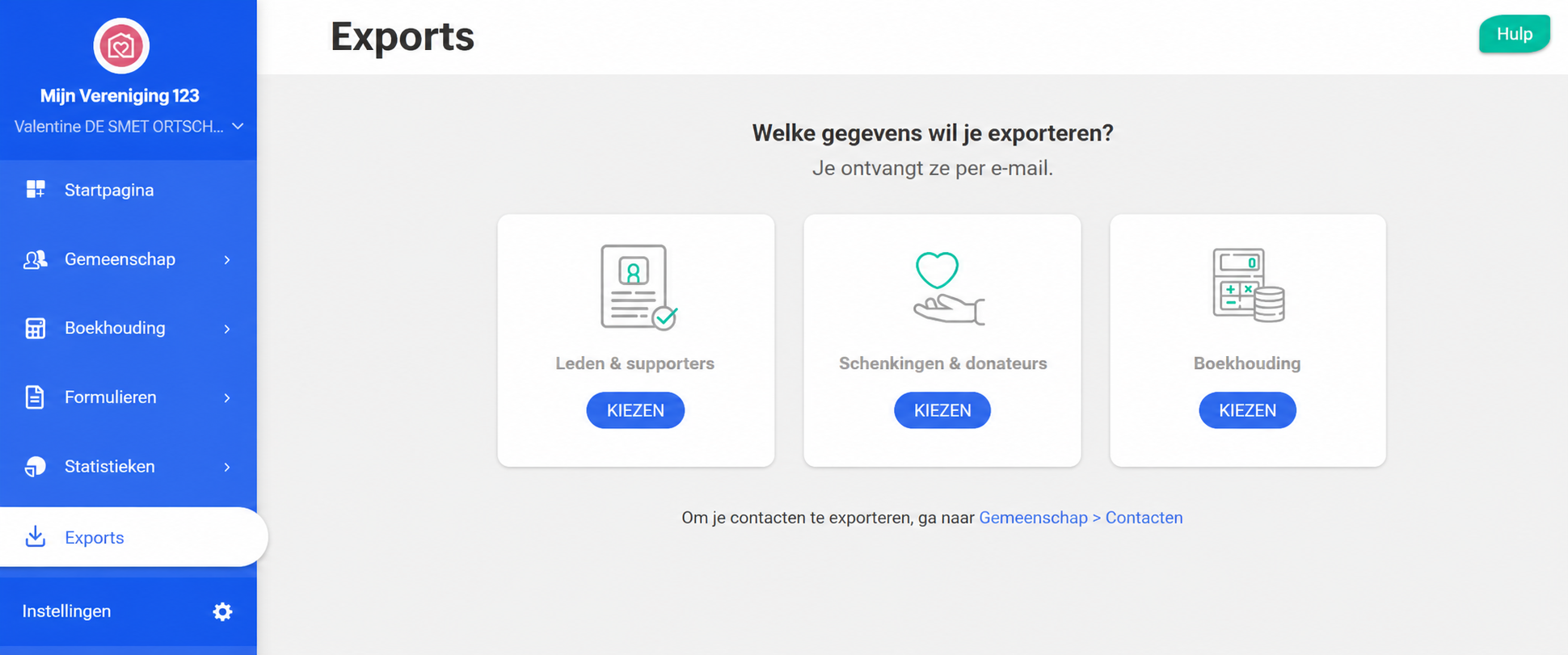 Pagina Exports van AssoConnect met het menu « Exports » uitgelicht en de knop « Kiezen » van de kaart Boekhouding rood omkaderd.