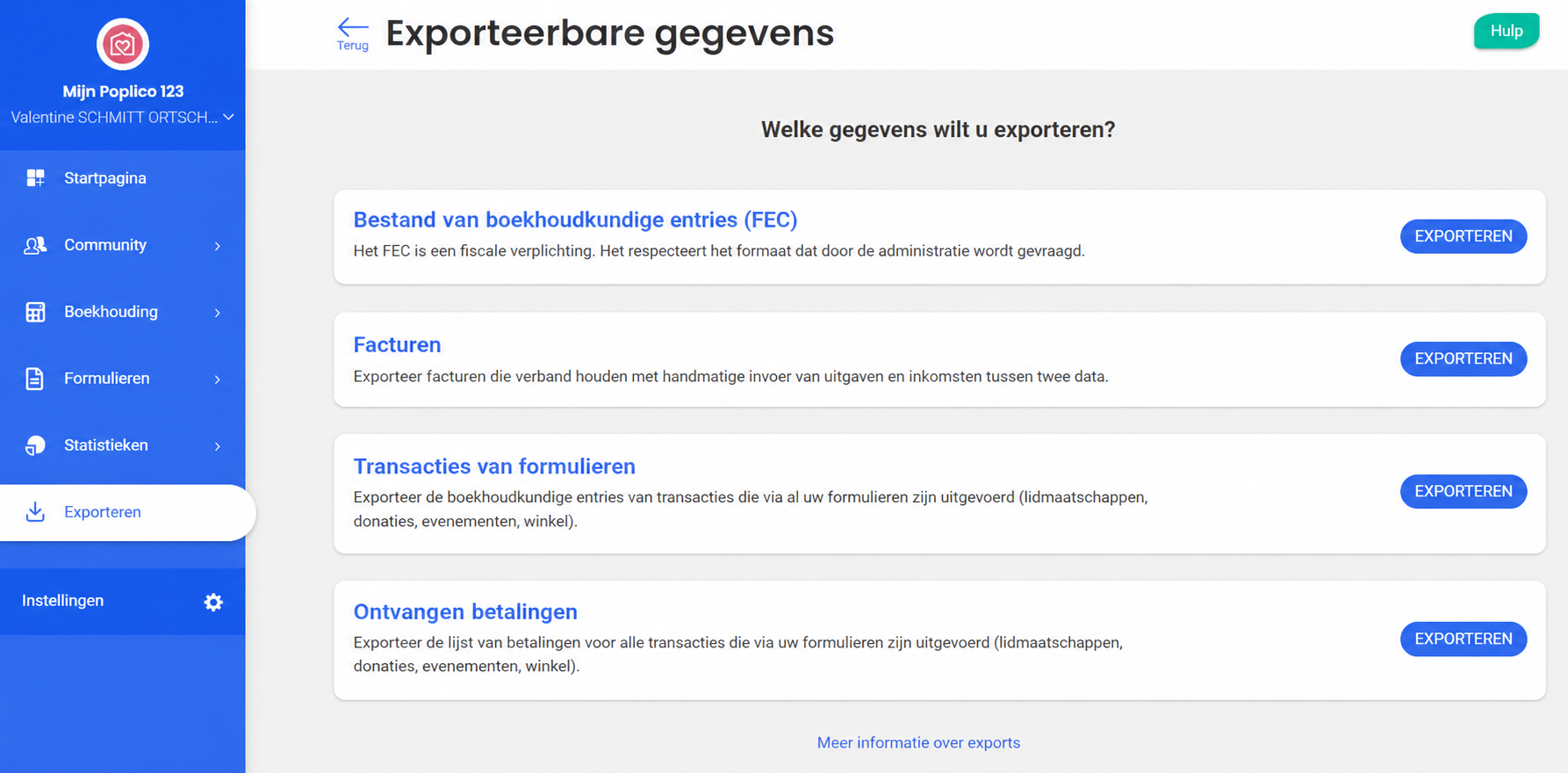 Pagina « Boekhoudkundige exports » van AssoConnect met de opties FEC, Facturen, Transacties van de formulieren en Ontvangen betalingen, waarbij de laatste twee met rode pijlen worden aangeduid