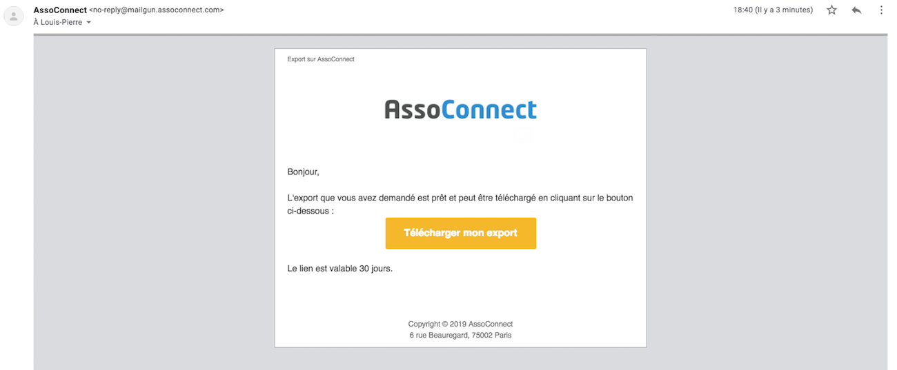 E-mail van AssoConnect die bevestigt dat een export klaar is, met een gele knop « Mijn export downloaden » en een vermelding dat de link 30 dagen geldig is