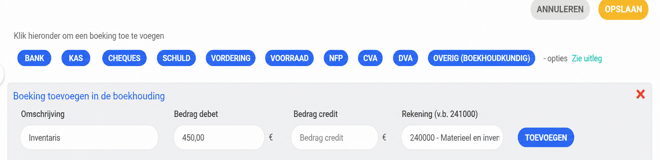 Formulier voor boekhoudkundige invoer in AssoConnect, met de omschrijving « Immobilisation », een bedrag in debet van 300 € en de rekening 218000.