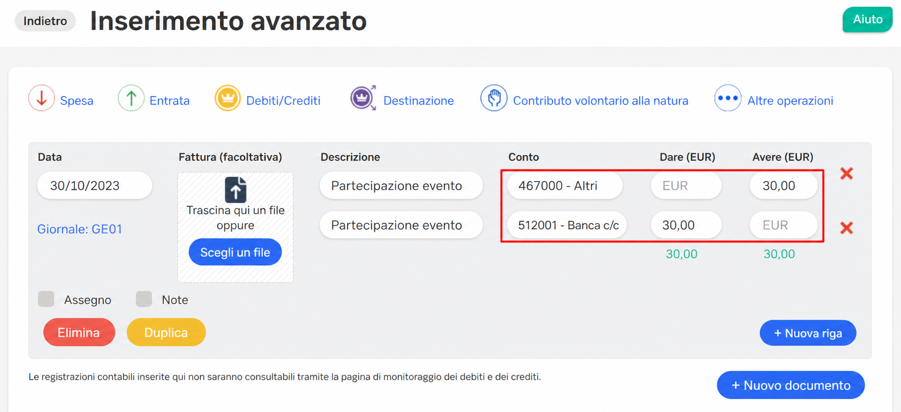 Registrazione avanzata di una scrittura contabile con due righe « Participation événement » sui conti 467000 e 512001, per 30 EUR in dare e in avere