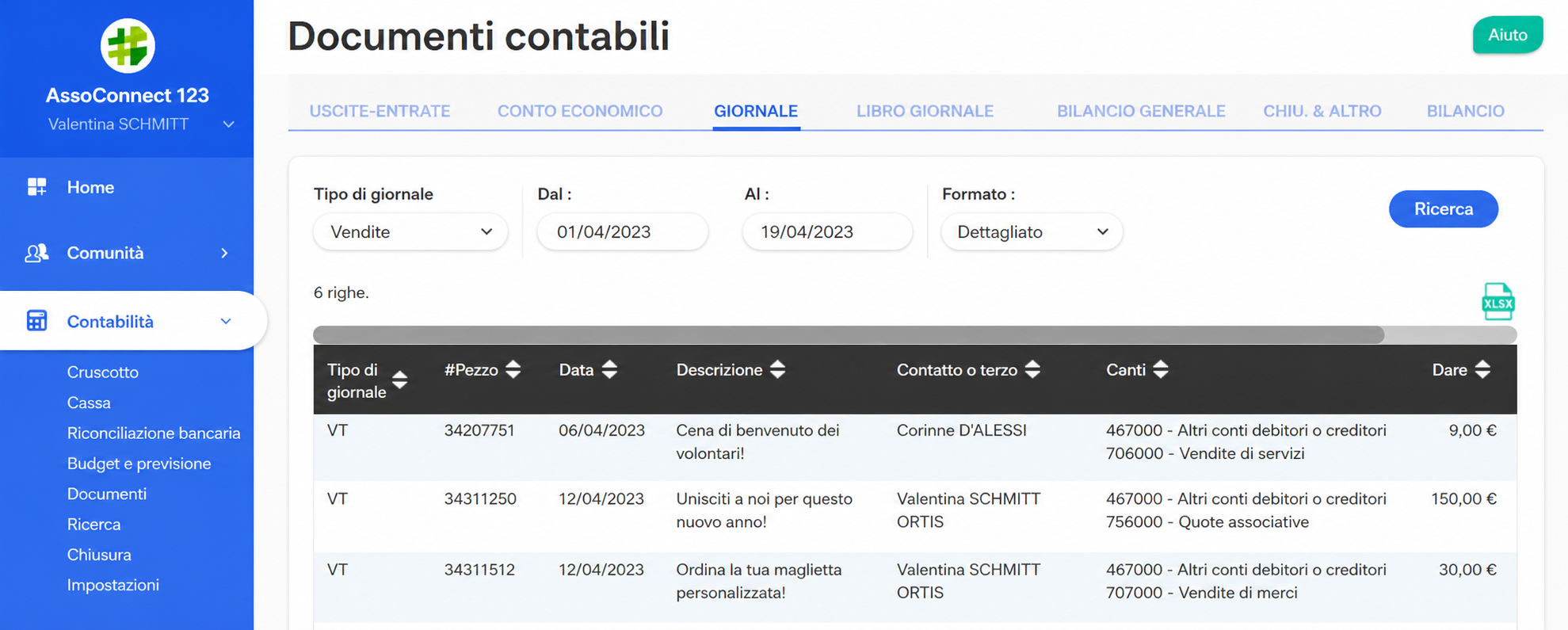 Scheda Giornale dei Documenti Contabili con il filtro « Tipo di giornale: Vendite » evidenziato, che mostra 6 righe di transazioni tra il 01/04/2023 e il 19/04/2023