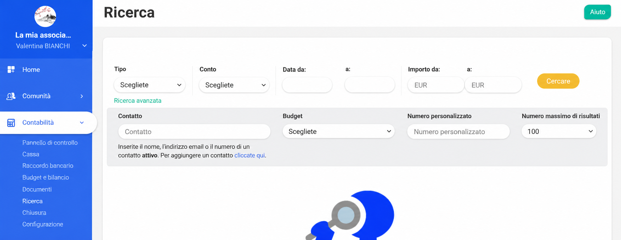 Modulo Ricerca in AssoConnect con i filtri avanzati aperti (Contatto, Budget, Numero personalizzato), evidenziati da una freccia rossa