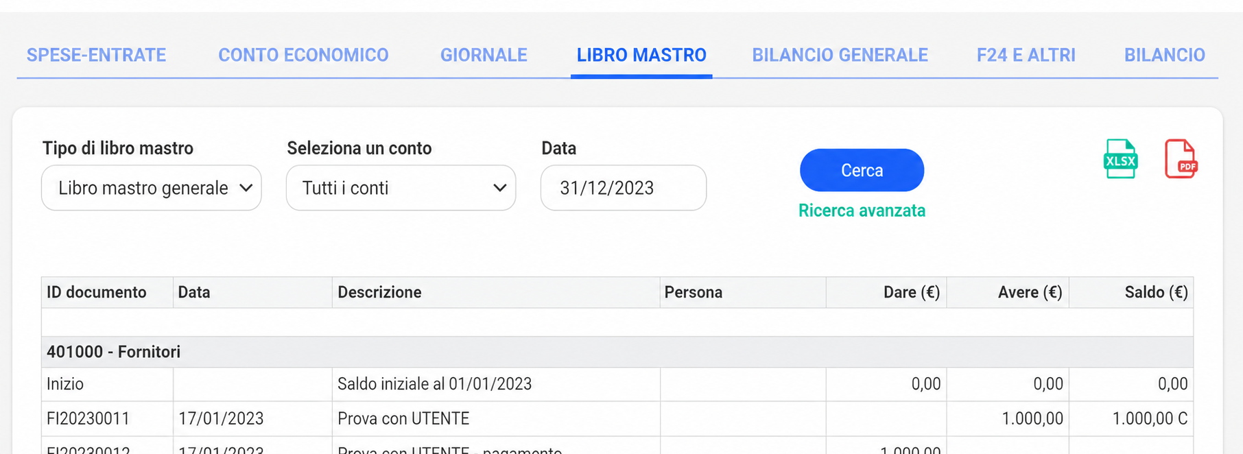 Pagina Documenti Contabili, scheda Libro Mastro selezionata, con i filtri « Tipo di Libro Mastro » e « Seleziona un conto » evidenziati da riquadri rossi.