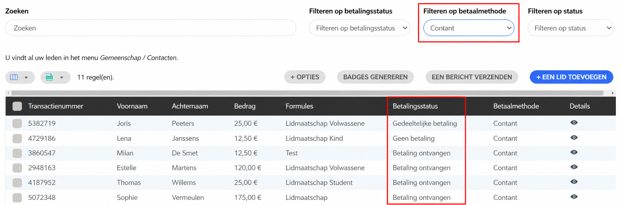 Ledenlijst gefilterd op betaalmiddel « Contanten », met de kolom « Betaalstatus » uitgelicht en verschillende statussen.