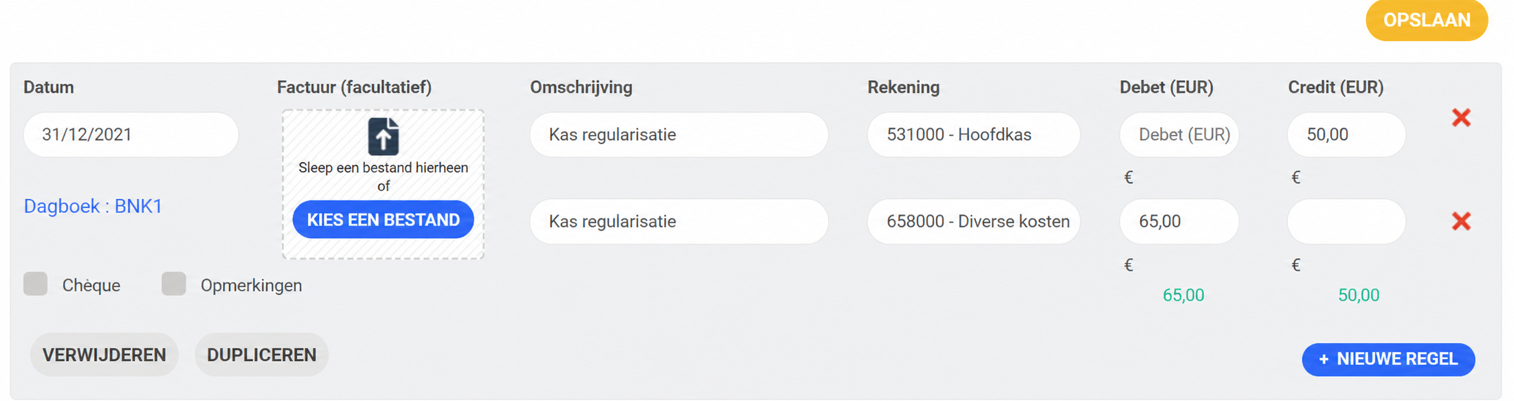 Invoer van een boekhoudkundige regularisatieboeking van de kas op 31/12/2021 in AssoConnect, met twee debet-/creditlijnen van 50 € op de rekeningen 531001 en 658000